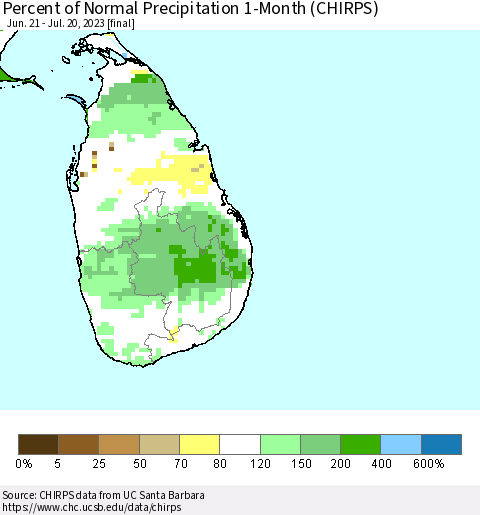 Sri Lanka Percent of Normal Precipitation 1-Month (CHIRPS) Thematic Map For 6/21/2023 - 7/20/2023