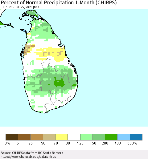 Sri Lanka Percent of Normal Precipitation 1-Month (CHIRPS) Thematic Map For 6/26/2023 - 7/25/2023