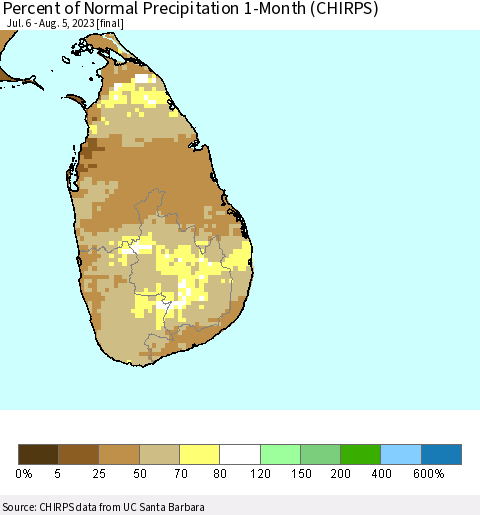 Sri Lanka Percent of Normal Precipitation 1-Month (CHIRPS) Thematic Map For 7/6/2023 - 8/5/2023
