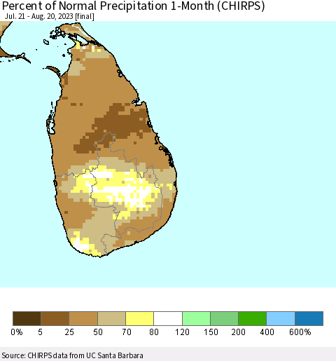 Sri Lanka Percent of Normal Precipitation 1-Month (CHIRPS) Thematic Map For 7/21/2023 - 8/20/2023