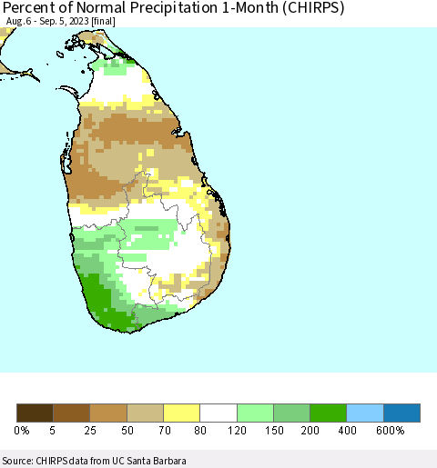 Sri Lanka Percent of Normal Precipitation 1-Month (CHIRPS) Thematic Map For 8/6/2023 - 9/5/2023