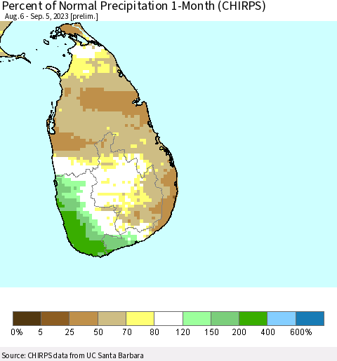 Sri Lanka Percent of Normal Precipitation 1-Month (CHIRPS) Thematic Map For 8/6/2023 - 9/5/2023