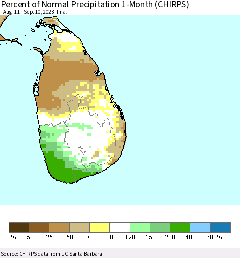 Sri Lanka Percent of Normal Precipitation 1-Month (CHIRPS) Thematic Map For 8/11/2023 - 9/10/2023