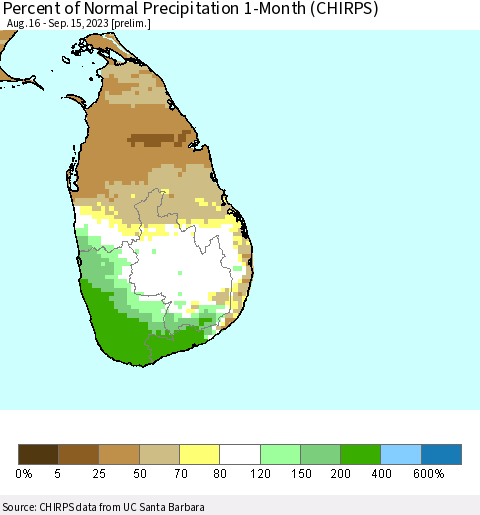 Sri Lanka Percent of Normal Precipitation 1-Month (CHIRPS) Thematic Map For 8/16/2023 - 9/15/2023