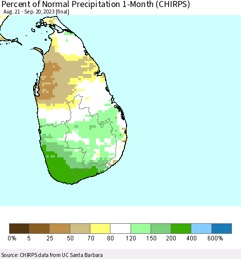 Sri Lanka Percent of Normal Precipitation 1-Month (CHIRPS) Thematic Map For 8/21/2023 - 9/20/2023
