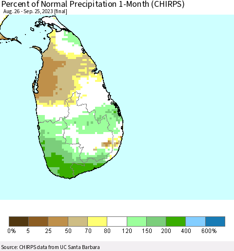 Sri Lanka Percent of Normal Precipitation 1-Month (CHIRPS) Thematic Map For 8/26/2023 - 9/25/2023