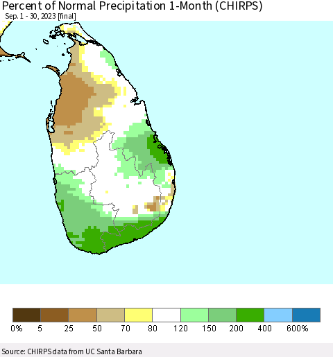 Sri Lanka Percent of Normal Precipitation 1-Month (CHIRPS) Thematic Map For 9/1/2023 - 9/30/2023