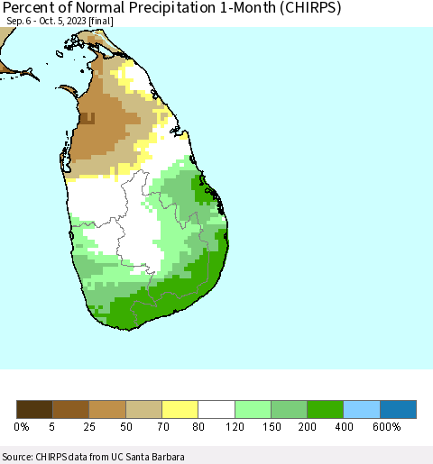 Sri Lanka Percent of Normal Precipitation 1-Month (CHIRPS) Thematic Map For 9/6/2023 - 10/5/2023