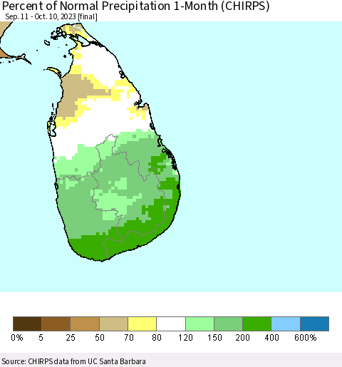Sri Lanka Percent of Normal Precipitation 1-Month (CHIRPS) Thematic Map For 9/11/2023 - 10/10/2023