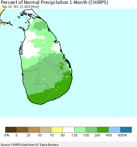 Sri Lanka Percent of Normal Precipitation 1-Month (CHIRPS) Thematic Map For 9/16/2023 - 10/15/2023