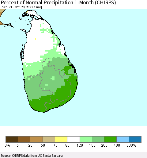 Sri Lanka Percent of Normal Precipitation 1-Month (CHIRPS) Thematic Map For 9/21/2023 - 10/20/2023