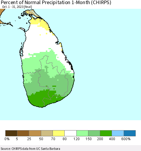 Sri Lanka Percent of Normal Precipitation 1-Month (CHIRPS) Thematic Map For 10/1/2023 - 10/31/2023