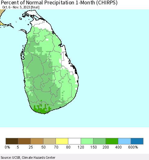 Sri Lanka Percent of Normal Precipitation 1-Month (CHIRPS) Thematic Map For 10/6/2023 - 11/5/2023