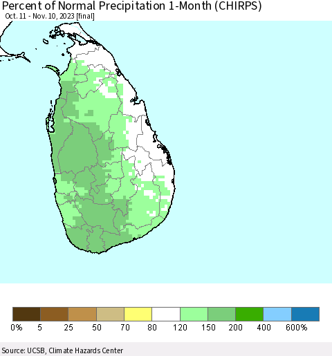 Sri Lanka Percent of Normal Precipitation 1-Month (CHIRPS) Thematic Map For 10/11/2023 - 11/10/2023