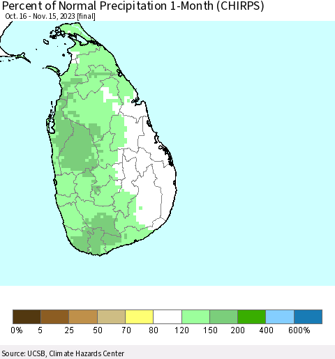 Sri Lanka Percent of Normal Precipitation 1-Month (CHIRPS) Thematic Map For 10/16/2023 - 11/15/2023