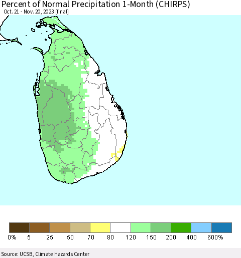 Sri Lanka Percent of Normal Precipitation 1-Month (CHIRPS) Thematic Map For 10/21/2023 - 11/20/2023