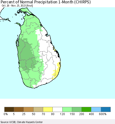 Sri Lanka Percent of Normal Precipitation 1-Month (CHIRPS) Thematic Map For 10/26/2023 - 11/25/2023