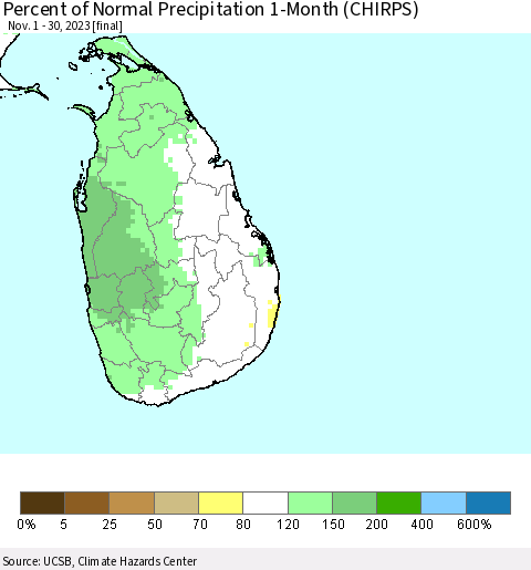 Sri Lanka Percent of Normal Precipitation 1-Month (CHIRPS) Thematic Map For 11/1/2023 - 11/30/2023