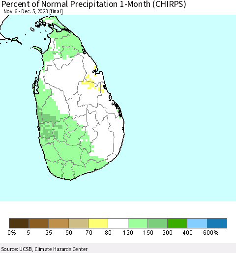 Sri Lanka Percent of Normal Precipitation 1-Month (CHIRPS) Thematic Map For 11/6/2023 - 12/5/2023