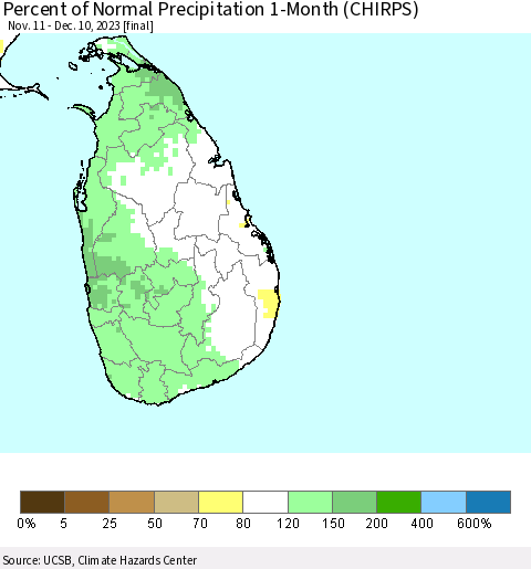 Sri Lanka Percent of Normal Precipitation 1-Month (CHIRPS) Thematic Map For 11/11/2023 - 12/10/2023