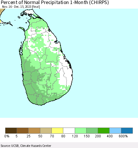 Sri Lanka Percent of Normal Precipitation 1-Month (CHIRPS) Thematic Map For 11/16/2023 - 12/15/2023