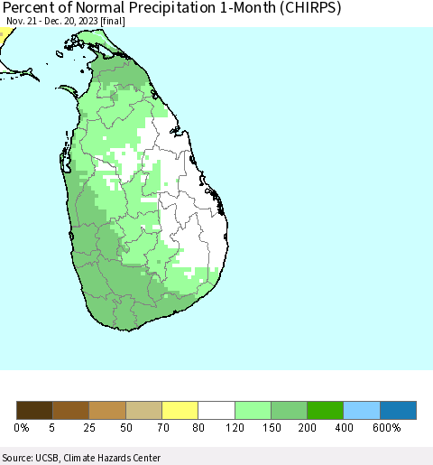 Sri Lanka Percent of Normal Precipitation 1-Month (CHIRPS) Thematic Map For 11/21/2023 - 12/20/2023