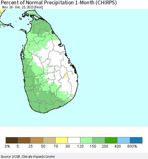 Sri Lanka Percent of Normal Precipitation 1-Month (CHIRPS) Thematic Map For 11/26/2023 - 12/25/2023