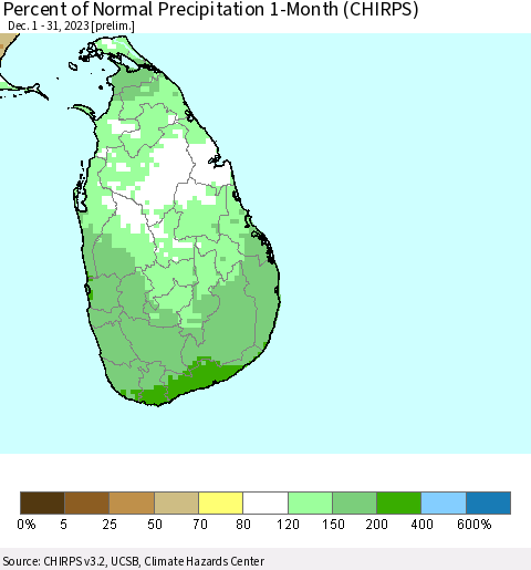 Sri Lanka Percent of Normal Precipitation 1-Month (CHIRPS) Thematic Map For 12/1/2023 - 12/31/2023