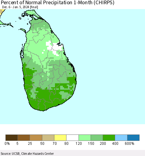 Sri Lanka Percent of Normal Precipitation 1-Month (CHIRPS) Thematic Map For 12/6/2023 - 1/5/2024