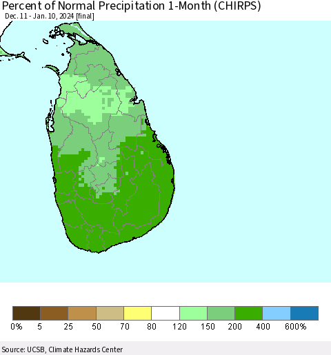 Sri Lanka Percent of Normal Precipitation 1-Month (CHIRPS) Thematic Map For 12/11/2023 - 1/10/2024