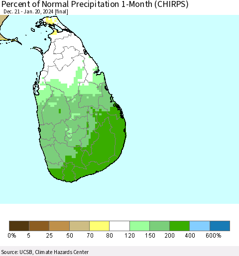 Sri Lanka Percent of Normal Precipitation 1-Month (CHIRPS) Thematic Map For 12/21/2023 - 1/20/2024
