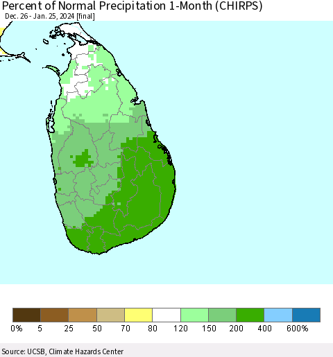 Sri Lanka Percent of Normal Precipitation 1-Month (CHIRPS) Thematic Map For 12/26/2023 - 1/25/2024