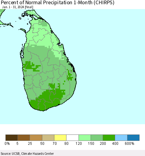 Sri Lanka Percent of Normal Precipitation 1-Month (CHIRPS) Thematic Map For 1/1/2024 - 1/31/2024