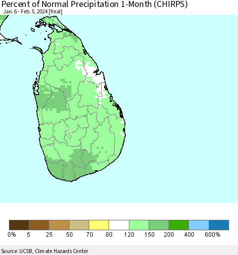 Sri Lanka Percent of Normal Precipitation 1-Month (CHIRPS) Thematic Map For 1/6/2024 - 2/5/2024