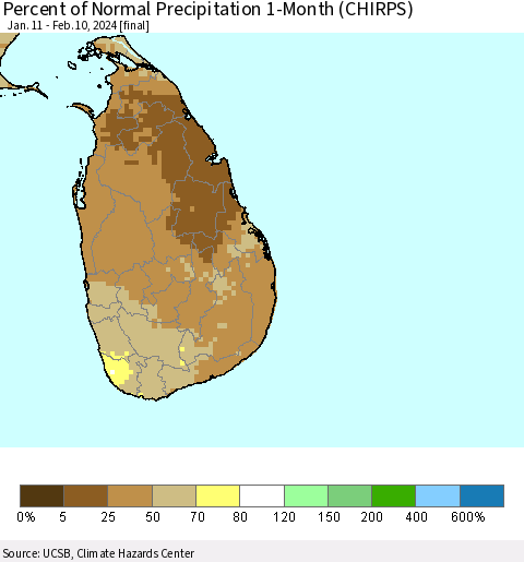 Sri Lanka Percent of Normal Precipitation 1-Month (CHIRPS) Thematic Map For 1/11/2024 - 2/10/2024