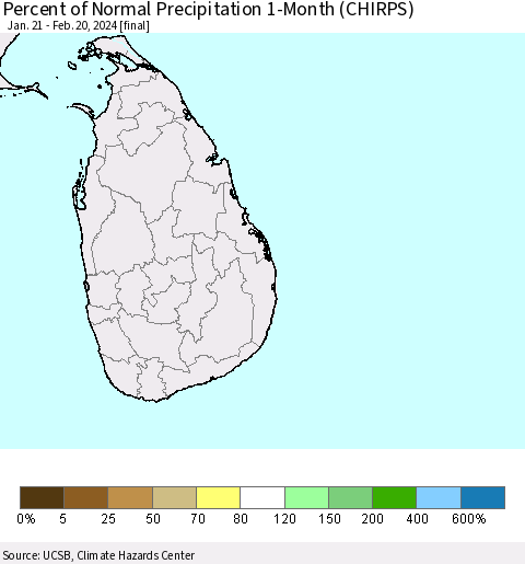 Sri Lanka Percent of Normal Precipitation 1-Month (CHIRPS) Thematic Map For 1/21/2024 - 2/20/2024