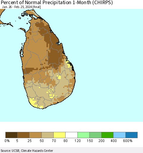 Sri Lanka Percent of Normal Precipitation 1-Month (CHIRPS) Thematic Map For 1/26/2024 - 2/25/2024