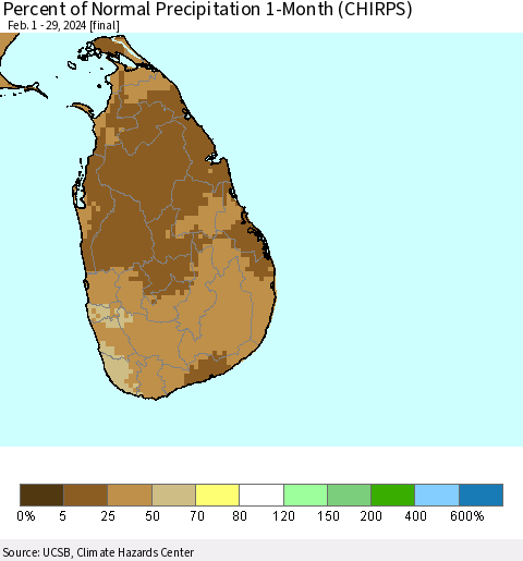 Sri Lanka Percent of Normal Precipitation 1-Month (CHIRPS) Thematic Map For 2/1/2024 - 2/29/2024