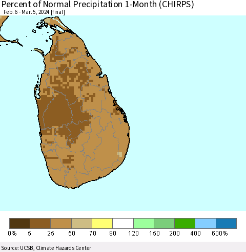 Sri Lanka Percent of Normal Precipitation 1-Month (CHIRPS) Thematic Map For 2/6/2024 - 3/5/2024
