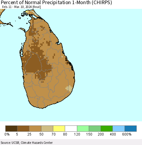 Sri Lanka Percent of Normal Precipitation 1-Month (CHIRPS) Thematic Map For 2/11/2024 - 3/10/2024