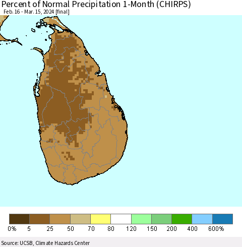Sri Lanka Percent of Normal Precipitation 1-Month (CHIRPS) Thematic Map For 2/16/2024 - 3/15/2024