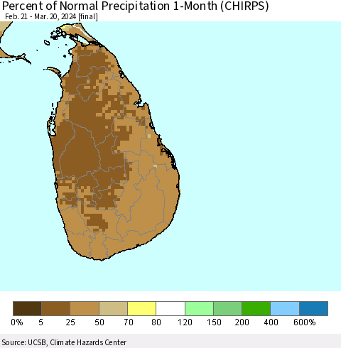 Sri Lanka Percent of Normal Precipitation 1-Month (CHIRPS) Thematic Map For 2/21/2024 - 3/20/2024