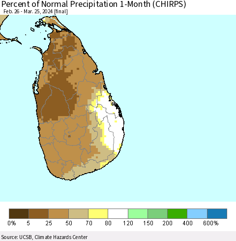 Sri Lanka Percent of Normal Precipitation 1-Month (CHIRPS) Thematic Map For 2/26/2024 - 3/25/2024