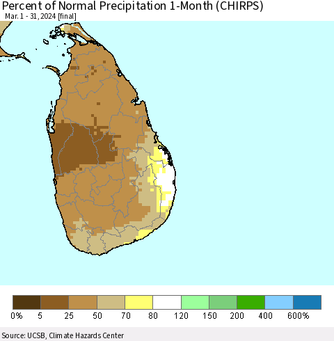 Sri Lanka Percent of Normal Precipitation 1-Month (CHIRPS) Thematic Map For 3/1/2024 - 3/31/2024