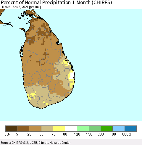 Sri Lanka Percent of Normal Precipitation 1-Month (CHIRPS) Thematic Map For 3/6/2024 - 4/5/2024