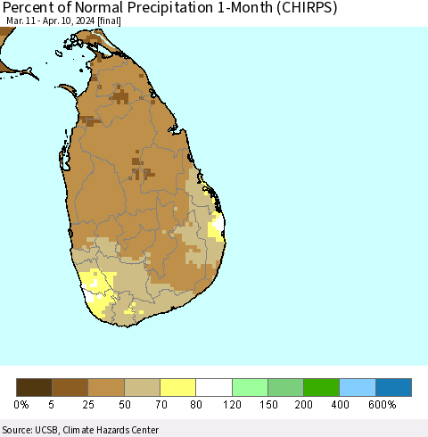 Sri Lanka Percent of Normal Precipitation 1-Month (CHIRPS) Thematic Map For 3/11/2024 - 4/10/2024