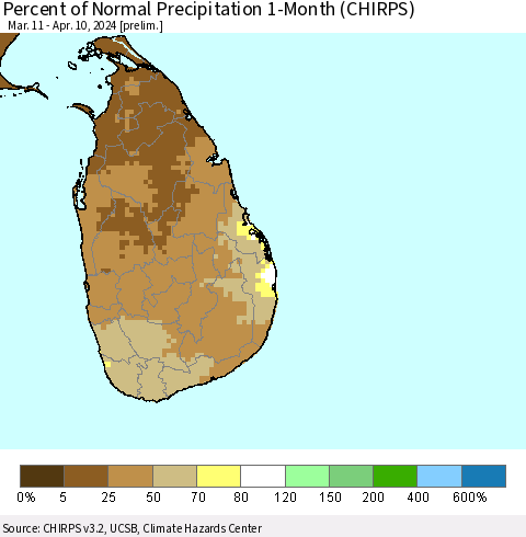 Sri Lanka Percent of Normal Precipitation 1-Month (CHIRPS) Thematic Map For 3/11/2024 - 4/10/2024