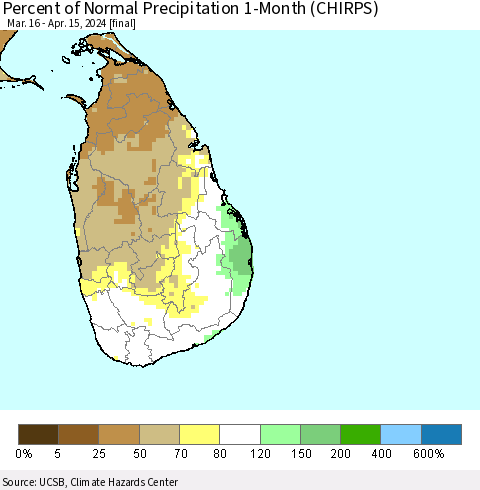 Sri Lanka Percent of Normal Precipitation 1-Month (CHIRPS) Thematic Map For 3/16/2024 - 4/15/2024