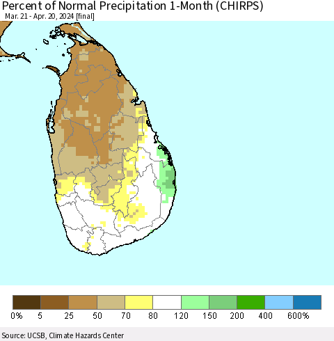 Sri Lanka Percent of Normal Precipitation 1-Month (CHIRPS) Thematic Map For 3/21/2024 - 4/20/2024