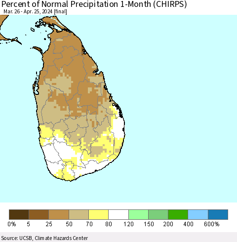 Sri Lanka Percent of Normal Precipitation 1-Month (CHIRPS) Thematic Map For 3/26/2024 - 4/25/2024